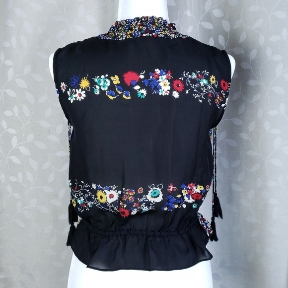 Derek Lam 100% Silk Dark Floral Tassel Sleeveless Blouse 10 Crosby Black Red 4 - Picture 8 of 15